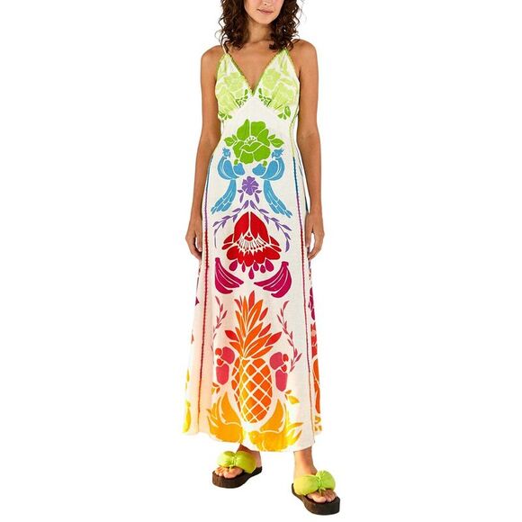 FARM Rio Dresses & Skirts - Farm Rio Womens  Linen-Blend Tropical Graphic Placed Maxi Dress